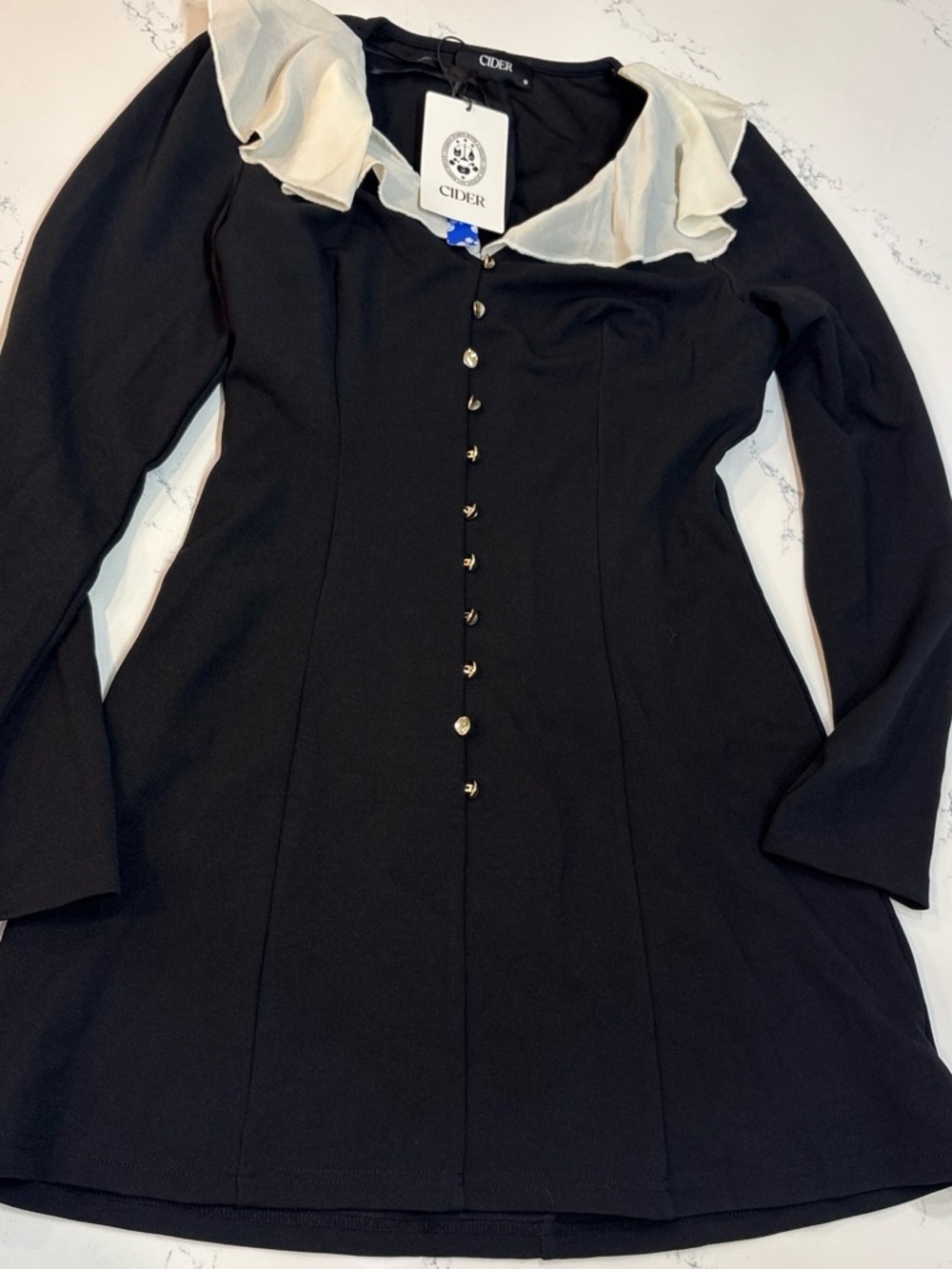 Cider Black Long-Sleeve Dress with Cream Ruffle Collar